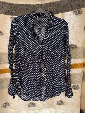 Chaps Navy Polka Dot Button-Up Blouse - Medium